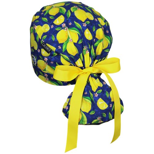 CALOMED Scrub Cap for Women and Men, Ponytail Scrub Caps, Working Hat, Head Cover with Ribbon Ties and Buttons, Long Hair (Lemon and Flowers on Blue)