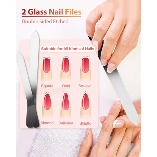 Glass Nail File and Nail Shiner, 4PC Crystal Nail File and Nano Glass Nail Buffer, Premium Set with Case, Professional Manicure Tool Fingernail Czech File for Natural Nail, Gift for Women and Girls
