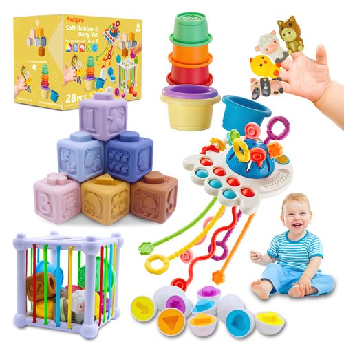 Baby Toys for 6-12 Months Old, 6 in 1 Montessori Toys Set, Educational Learning Toys for 1 Year Old, Sensory Stacking Toys for Toddlers 1-3, Infant Teething Toys for Birthday Gifts Boy & Girl 28PCS