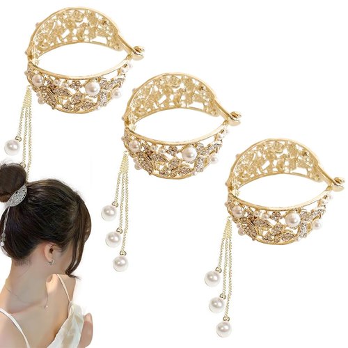 KuuGuu 3 PCS High Ponytail Hair Clips Pearl Rhinestone Tassel Claw Clip Butterfly Design Headpiece Curling Vintage Non Slip Hairpin Metal Chinese Decorative Braid Hair Accessories