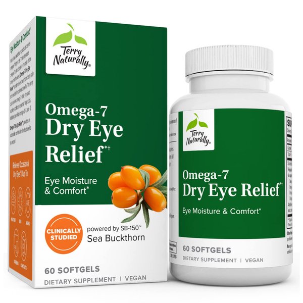 Terry Naturally Omega-7 Dry Eye Relief - 500 mg Sea Buckthorn, 60 Vegan Softgels - Eye Moisture Support Supplement, with Omegas 7, 9, 6 & 3 - Non-GMO, Gluten-Free - 60 Servings