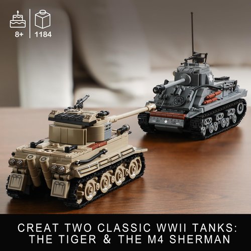 WW2 Army Tank Toys Building Kit, Create a German Tiger & an American M4 Sherman Tank Models with 1184 Blocks, Great Military Gifts for Boys Kids Age 8-14