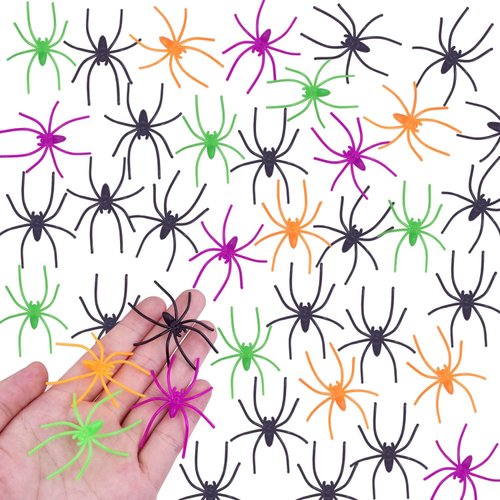 KOMIDK 120 Pieces Plastic Spiders 4 Colors False Spider for Halloween Home Party Decorations Prank Props