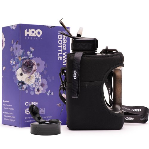 H2O Capsule Half Gallon Cube Square Water Bottle - 2.2L Water Bottle with Strap, Storage Sleeve, Straw and Chug Lid – BPA Free Reusable Sports Water Jug with Handle, (68 Ounce), (Jet Black)