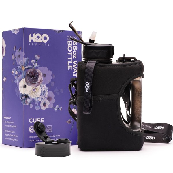 H2O Capsule Half Gallon Cube Square Water Bottle - 2.2L Water Bottle with Strap, Storage Sleeve, Straw and Chug Lid – BPA Free Reusable Sports Water Jug with Handle, (68 Ounce), (Jet Black)