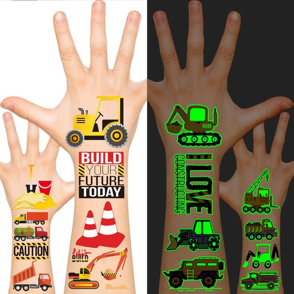 EMOME Temporary Tattoo - Glow + Metallic Glitter Style Tattoos for Kids Party Supplies, Temp Tattoos Sticker for Boys Girls, Birthday Party Favor Decorations Accessories (Construction)