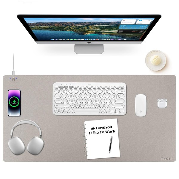 Wireless Charging Mouse Pad Firelison 2 in 1 Leather Multifunctional Office Desk Pad with Non-Slip Rubber Base, Waterproof Desk pad for Computers/Office/Work/Home/Decor（ 32" x 16"Grey - L）