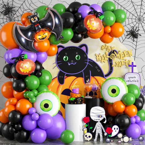 Halloween Balloon Arch Kit, 105pc Black Green Orange Balloon Garland, Halloween Party Decorations With Black Green Orange Purple Balloon Ghost Eyes Bat Pumpkin Foil Balloon for Halloween Supplies