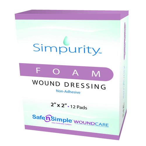 Safe n’ Simple Medical Foam Dressing for Wounds - 12 Pack Individual Thick Pads 2" x 2" - Highly Absorbent Medical Foam Padding for Wound Care - Non-Adherent Foam Dressing Without Border