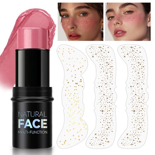 HOSAILY Cream Blush Stick Freckle Tattoo Sunkissed Makeup Set, Waterproof Buildable Lightweight Solid Blush for Cheeks Lip Eyes Matte Finish, 3 PCS Natural Temporary Fake Freckle Patches Stickers
