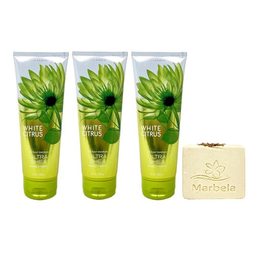 Bath & Body Works White Citrus 3 Pack Body Cream Bundle with a Creamy Rose Bar Soap - Full Size