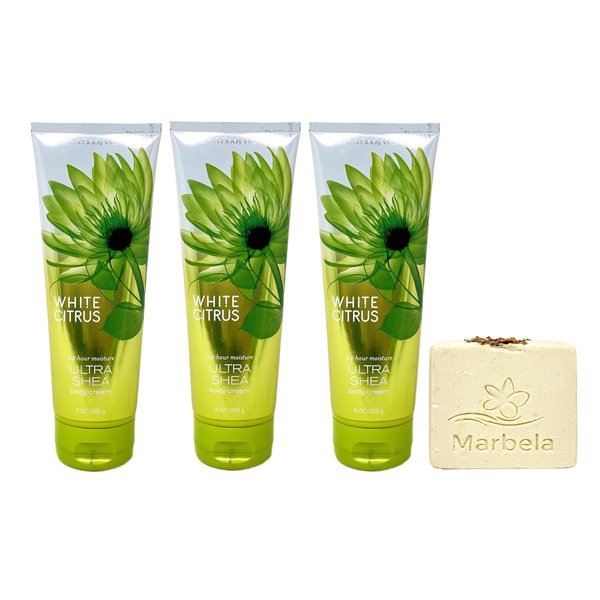 Bath & Body Works White Citrus 3 Pack Body Cream Bundle with a Creamy Rose Bar Soap - Full Size