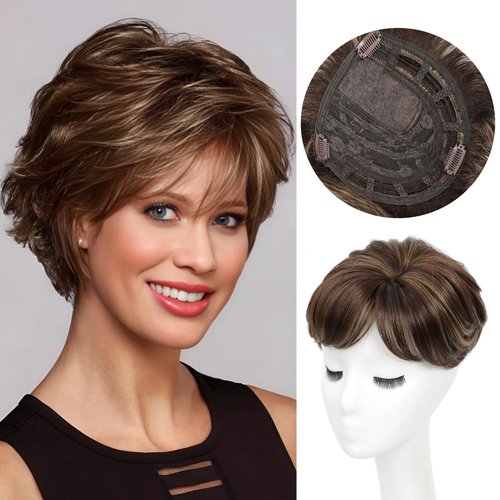 Ukithairtinsel Hair Toppers for Women, Fluffy Toppers Hair Pieces for Women with Thinning Hair 360° 3D Cover Short Curly with Pixie Cut Bangs Hair Clip (Honey Blonde Mixed Light Brown)