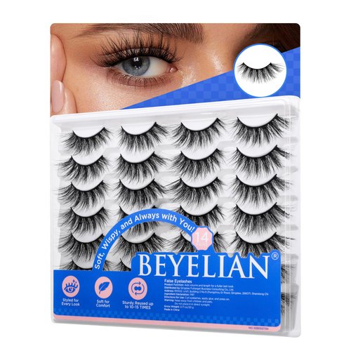 BEYELIAN 14 Pairs False Eyelashes Fluffy D Curl 10-18MM Long Wispy Lashes Pack, Soft and Lightweight 3D Volume Faux Mink Lashes, Reusable, Easy to Apply (14P-HSCS-12)