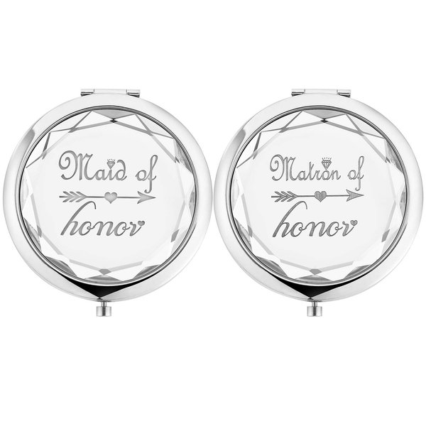 2 Pack Bridesmaid Proposal Gifts,1 Maid of Honor mirror 1 Matron of Honor mirror,Crystal Pocket Compact Makeup Mirror Wedding Bridesmaid Gifts Bachelorette Party Gifts for Bride (silver)