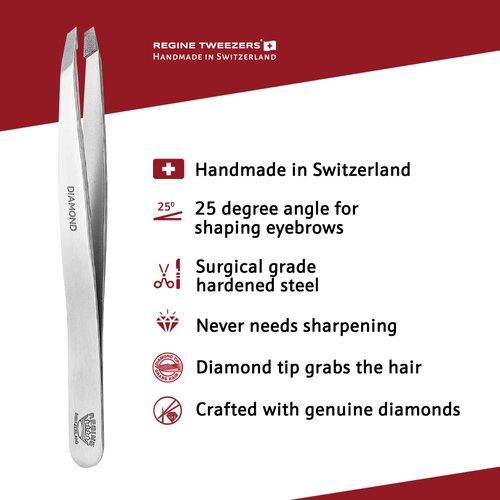 Regine Switzerland Diamond Tip Slant Tweezer, Stainless Steel Precision Tweezers for Eyebrow & Hair Removal