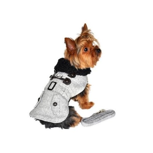 DOGGIE DESIGN Grey Herringbone Dog Harness Coat (Wool/Polyester) with Matching Leash (XL)