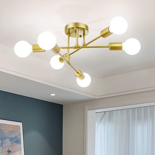 Soilsiu Modern Sputnik Chandelier Ceiling Light Fixtures, 6-Light Semi Flush Mount Ceiling Light for Bedroom Dining Room Living Room, Kitchen, Office (Gold, W:16.5",H:8")