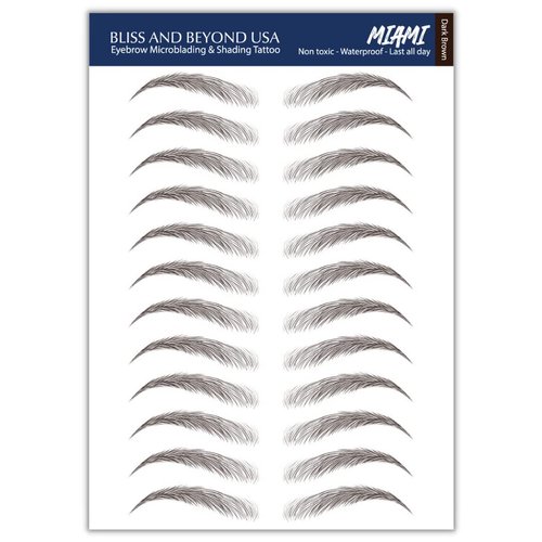 Bliss and Beyond USA | Waterproof Eyebrow Tattoo Stickers. A real hair stroke look. Hair replacement without surgery. Solution for hair loss. Bushy Tinted eyebrow tattoos. (New Miami, Dark Brown)