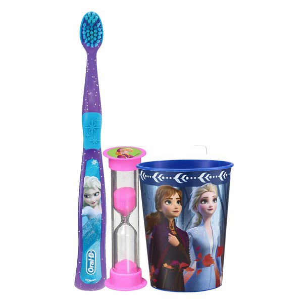 L&E Products Frozen Bright Smile Oral Hygiene Bundle! Soft Manual Toothbrush, Brushing Timer & Mouthwash Rinse Cup! Plus Dental Gift Bag & Tooth Saver Necklace!