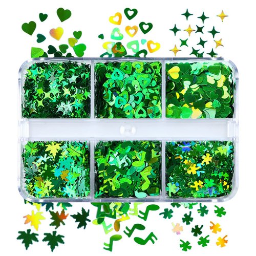 St. Patrick's Day Nail Glitter Sequins Green Clover Nail Sequins Nail Art Supplies 3D Holographic Lucky Shamrocks Glitter Sequins Design for Acrylic Nail Decals for Women's Nail Supplies 6 Grids