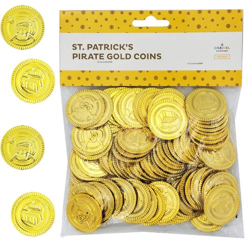 The Dreidel Company St. Patrick's Pirate Gold Coins Novelty Party Favors, Plastic Gold Coins Bulk (100 Gold Coins)