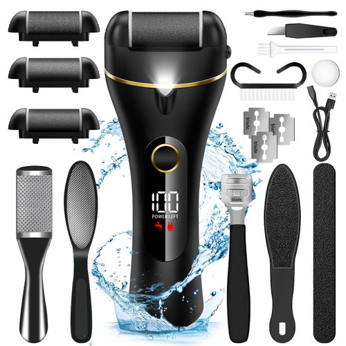 7d24hcare Electric Callus Remover for Feet, 16 Pack Rechargeable Pedicure Kit, Waterproof Foot Scrubber Tool with 3-Roller Head & 2-Speed for Cracked Heels & Dead Skin