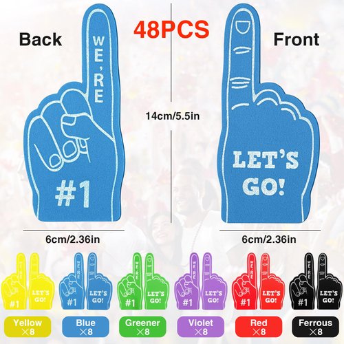 48 Pieces Sport Party Favors Sports Fan Foam Finger Hand Sport Themed Birthday Party #1 Basketball Baseball Football Soccer Team Cheerleader Gifts for Sporting Events Games Birthday Party Supplies