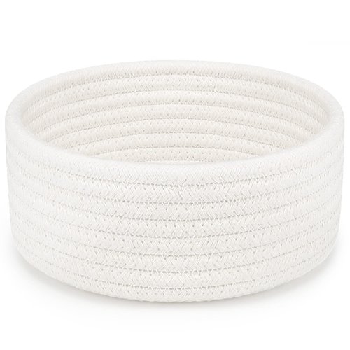ABenkle Small Woven Basket, Empty Tiny Shallow Storage Basket, Mini Cotton Rope Easter Baskets, Round Decorative Hamper, Montessori Basket Storage Bins for Toys, Spa, Socks, Nursery, Kids Room, White