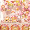 138pcs Young Wild and Three Party Decorations Tableware Set, Wild and Three Party Decorations Young Wild and Three Plate Napkins Tablecloth Banner for Young Wild and Three Party Decorations Girl