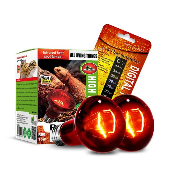 MCLANZOO Infrared Heat Lamp Bulbs 75W 2 Pack,Red Basking Spot Light Bulb Reptile Heating lamp for Bearded Dragon,Turtle,Snake,Leopard Gecko,Chicked with Digital Temperature Thermometer