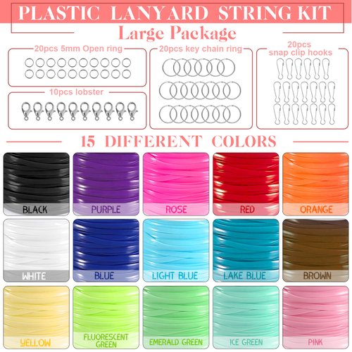 KAMJUNTAR Lanyard String,15 Rolls Gimp String Plastic Lacing Cord Plastic String Lanyard Kit for Friendship Bracelets Jewelry Making DIY Craft Boondoggle Gimp Bracelet Making Kit