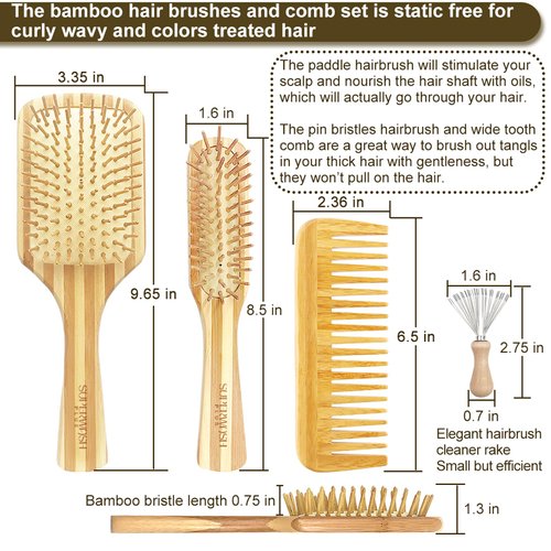 Bamboo Hair Brush Comb Set for Women Men, Wood Bristle Paddle Detangling Brush, Wide Tooth Comb for Curly Wavy Thick Thin Wet Dry Hair, Brush Cleaning Tool Included - 4 Pack