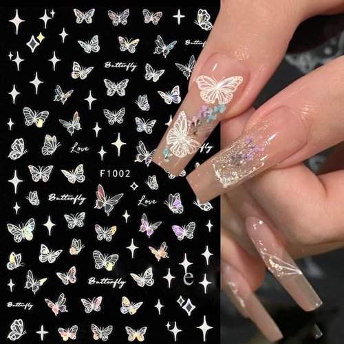 BSBTBZ Butterfly 3D Self-Adhesive Nail Art Stickers, Shiny Glitter Decals for Women Girls, Waterproof, Acrylic, Single Use, Glossy Finish, Home & Salon