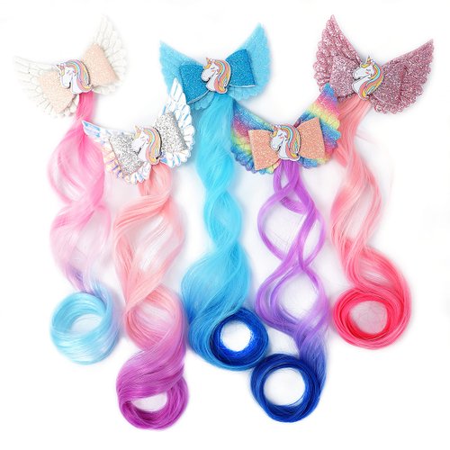 Plobibi Hair Clips - 5 Colors Hair Accessories for Girls - Unicorn Hair Clips with Glitter Braided Curly Gradient Kids Hair Extensions - 5 PCS