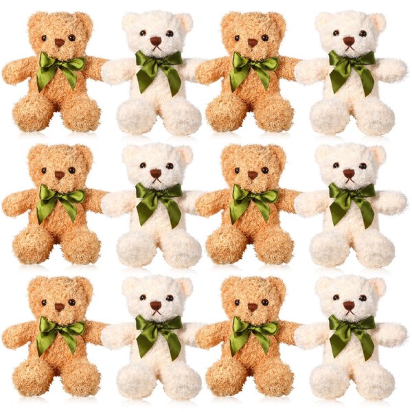 HyDren 12 Pack Bear Stuffed Animals Bulk 10 Inch Plush Bear Toy Small Stuffed Bears with Bow Tie for Baby Shower Centerpieces Wedding Birthday (White, Light Brown)