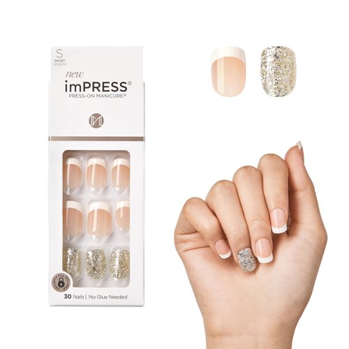 KISS imPRESS Press-On Manicure, Nail Kit, PureFit Technology, Short Press-On Nails, 'Time Slip', Includes Prep Pad, Mini Nail File, Cuticle Stick, and 30 Fake Nails