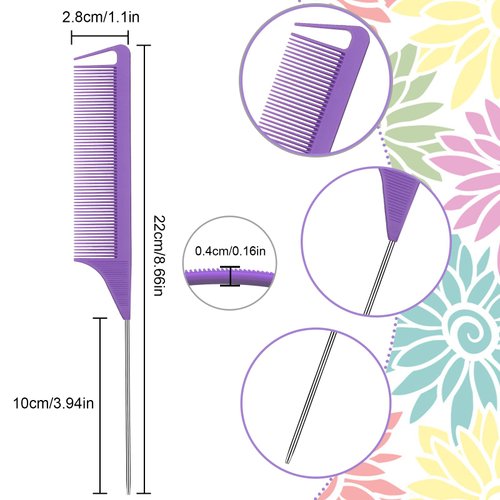 Patelai 12 Pcs Parting Comb for Braids Bulk, Rat Tail Comb for Parting Stainless Steel Pintail Comb Teasing Combs Braiding Comb Pressing Comb for Hair Styling Hairdressing Hair Salon Home(Purple)