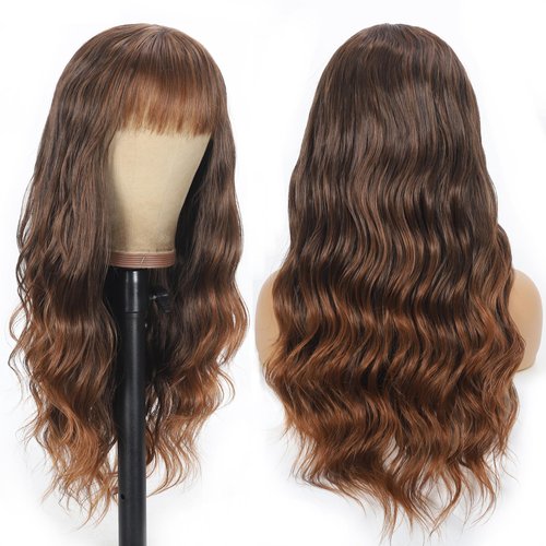 Sibeth Long Brown Wig with Bangs 26 inches Long Wavy Synthetic Hair Wigs Deep Brown Curly Wig Natural Looking Bangs Heat-Resistant for Women Daily Party Cosplay Use (With Bangs, 4T30)