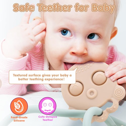 Happi2U Baby Teething Toys, High Chair Toy with Suction Cup for Infant Toddlers 6 12 18 24 Month, Food Grade Silicone Teether with Oak Loop, Montessori Sensory Educational Baby Bath Toy Gifts (Green)