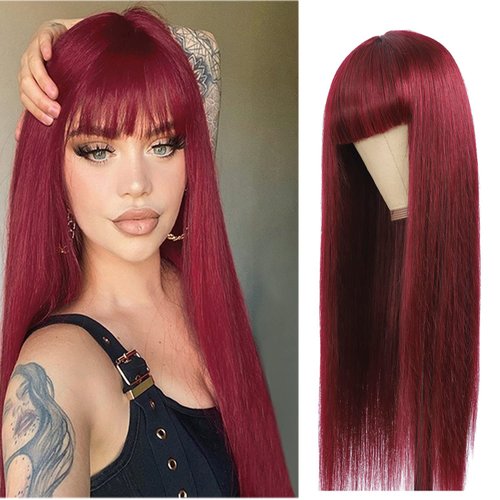 seelaak Long Burgundy Color Straight Human Hair Machine Made Wigs with Bangs 99J None Lace Front Wigs 100% Brazilian Human Hair Wine Red Wig for Women 150% Density (20 Inch)