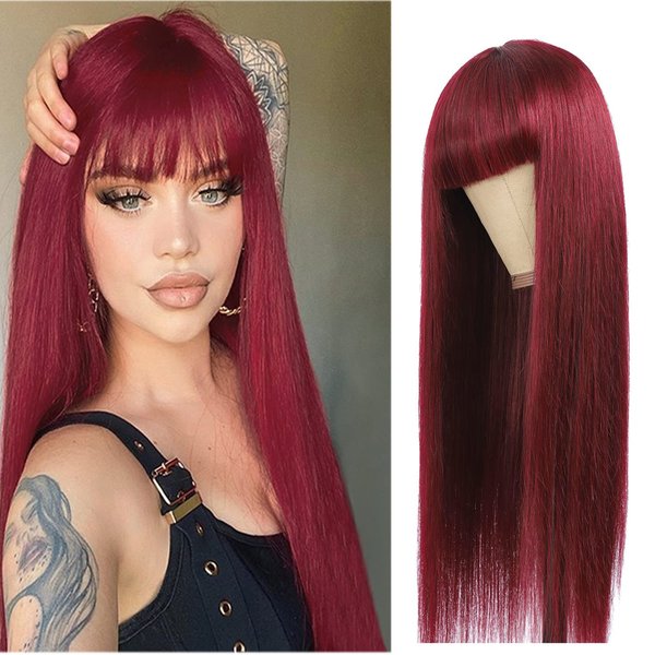 seelaak Long Burgundy Color Straight Human Hair Machine Made Wigs with Bangs 99J None Lace Front Wigs 100% Brazilian Human Hair Wine Red Wig for Women 150% Density (20 Inch)