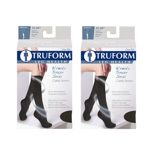Truform Women's 15-20 mmHg Compression Dress Socks with Cable Pattern, White, Medium (Pack of 2)