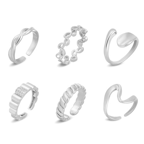 wgoud 6PCS Dome Chunky Gold Rings for Women, 14K Gold Plated Braided Twisted Stackable Signet Rings, Adjustable Open Ring Band Statement Jewelry Gift (6Pcs Silver Ring A)