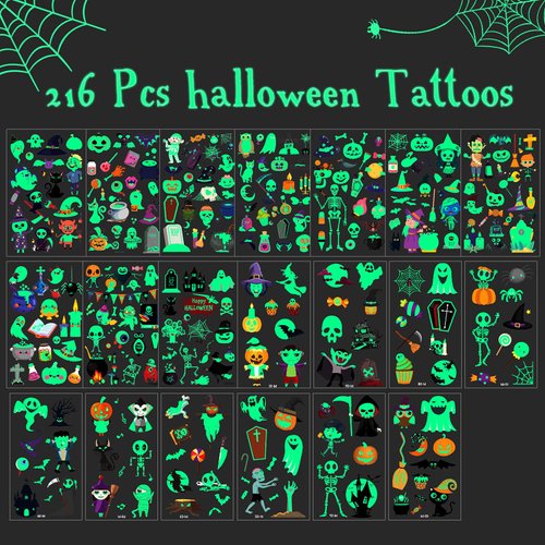 216Pcs Glow Halloween Temporary Tattoos for Kids Goody Bag Stuffers Prizes Party Favors