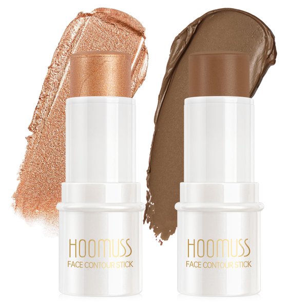 2Pc Cream Contour Stick Makeup, Hightlighter Makeup + Bronzer Stick, Waterproof Cream Contouring Pen Non Stick Non Greasy, Long Lasting Lightweight Finishing Face Makeup Kit, Medium