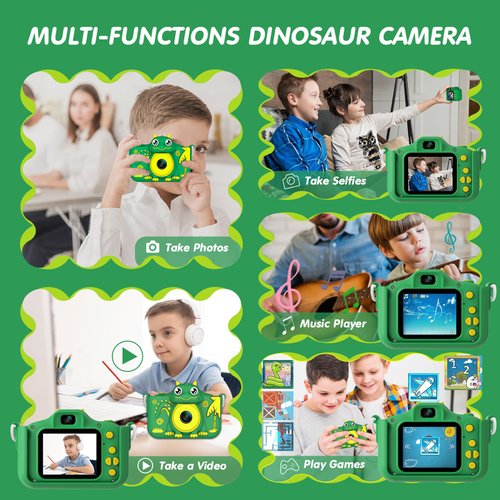 MYLORFUL Kids Camera, Cartoon Dinosaur Selfie Digital Camera Toys for Kids, Christmas Birthday Gifts for Boys Girls Age 3 4 5 6 7 8 9 10 11 12 Years Old, 32GB SD Card Included