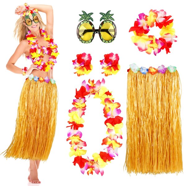 MIVOEDIK Grass Skirt for Adults, Women, Grils Hula Skirt for Hawaiian Luau Party Outfits with Flower Leis and Sunglasses