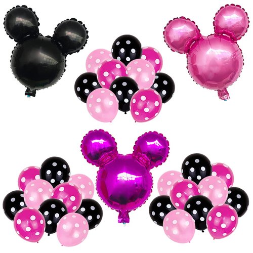 33pcs Minnie's Party Latex Balloons, Pink Mouse Aluminum Film Balloons, Pink, Red, Black balloons, Children's Birthday Party Supplies