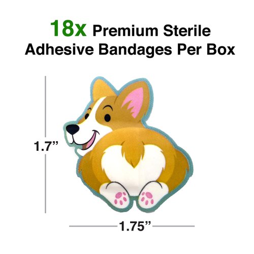GAMAGO Corgi Butt Bandages for Kids & Kidults - Set of 18 Individually Wrapped Self Adhesive Bandages - Sterile, Latex-Free & Easily Removable - Funny Gift & First Aid Addition